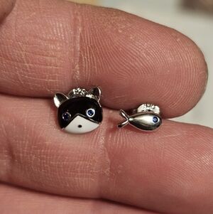 Sterling Silver 925 Cat & Fish Earring Studs